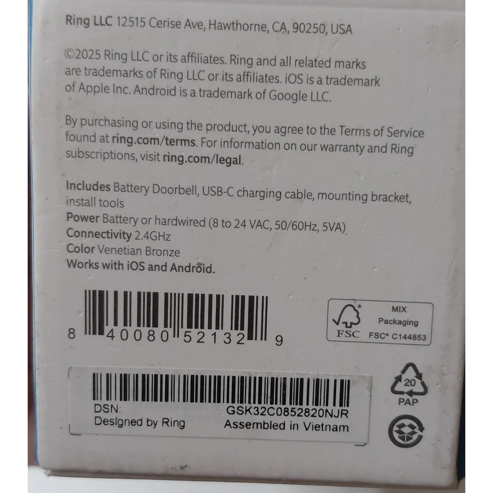 Ring Battery Doorbell Video Doorbell Camera Venetian Bronze New Factory Sealed